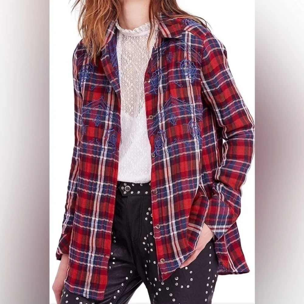 Free People XS Plaid Embroidered Button-Up Shirt Red/Blue Long Sleeve Cotton